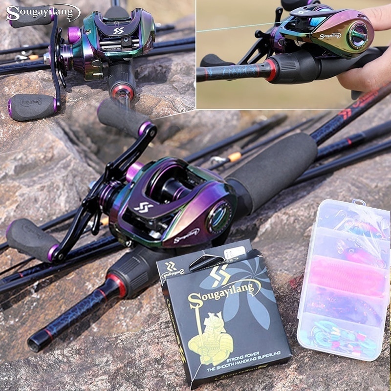 Barras y carretes de pesca Sougayilang, caña de carbono de 5 secciones, carrete de Baitcasting, conjunto de varillas de pesca de viaje con Kits completos, bolsa de transporte