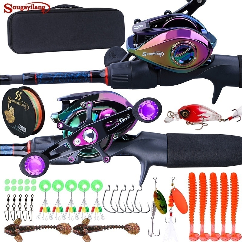 Barras y carretes de pesca Sougayilang, caña de carbono de 5 secciones, carrete de Baitcasting, conjunto de varillas de pesca de viaje con Kits completos, bolsa de transporte