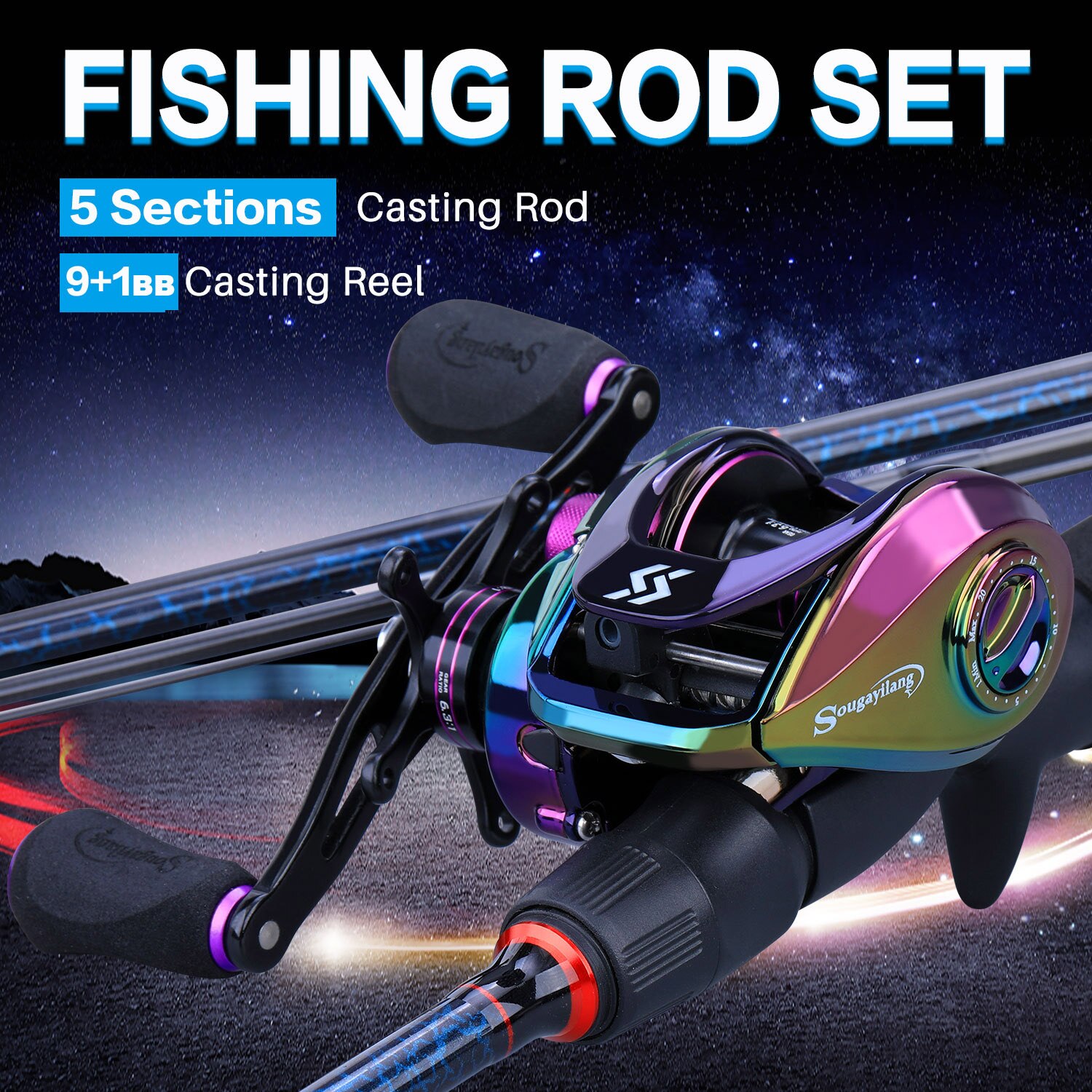 Barras y carretes de pesca Sougayilang, caña de carbono de 5 secciones, carrete de Baitcasting, conjunto de varillas de pesca de viaje con Kits completos, bolsa de transporte