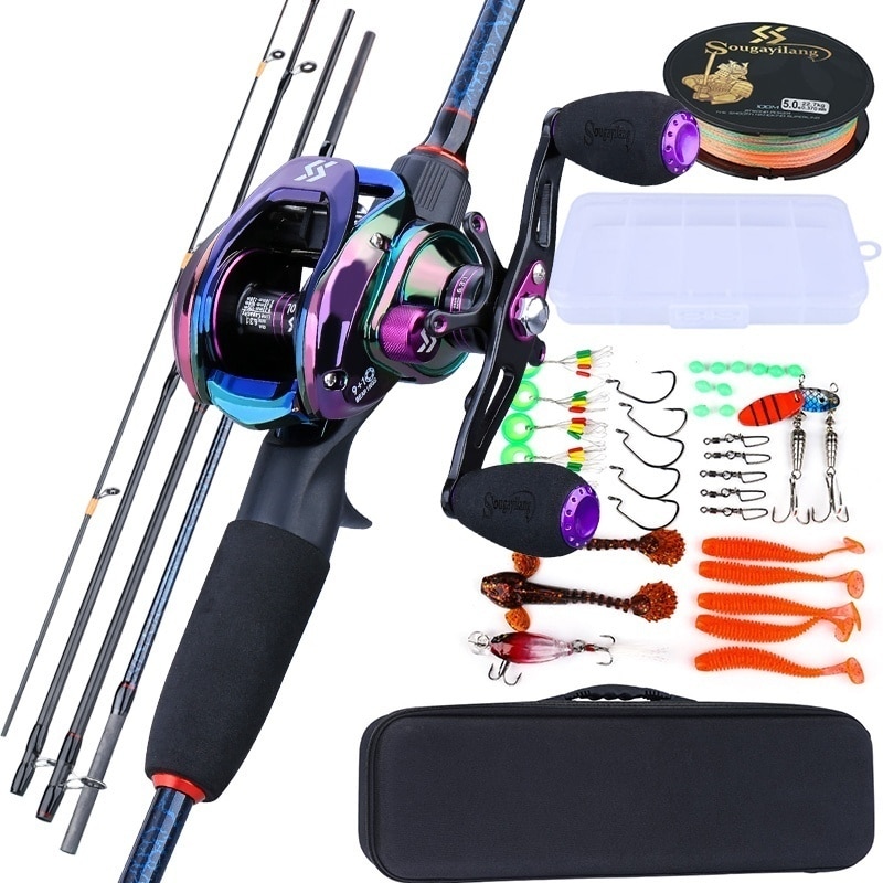 Barras y carretes de pesca Sougayilang, caña de carbono de 5 secciones, carrete de Baitcasting, conjunto de varillas de pesca de viaje con Kits completos, bolsa de transporte