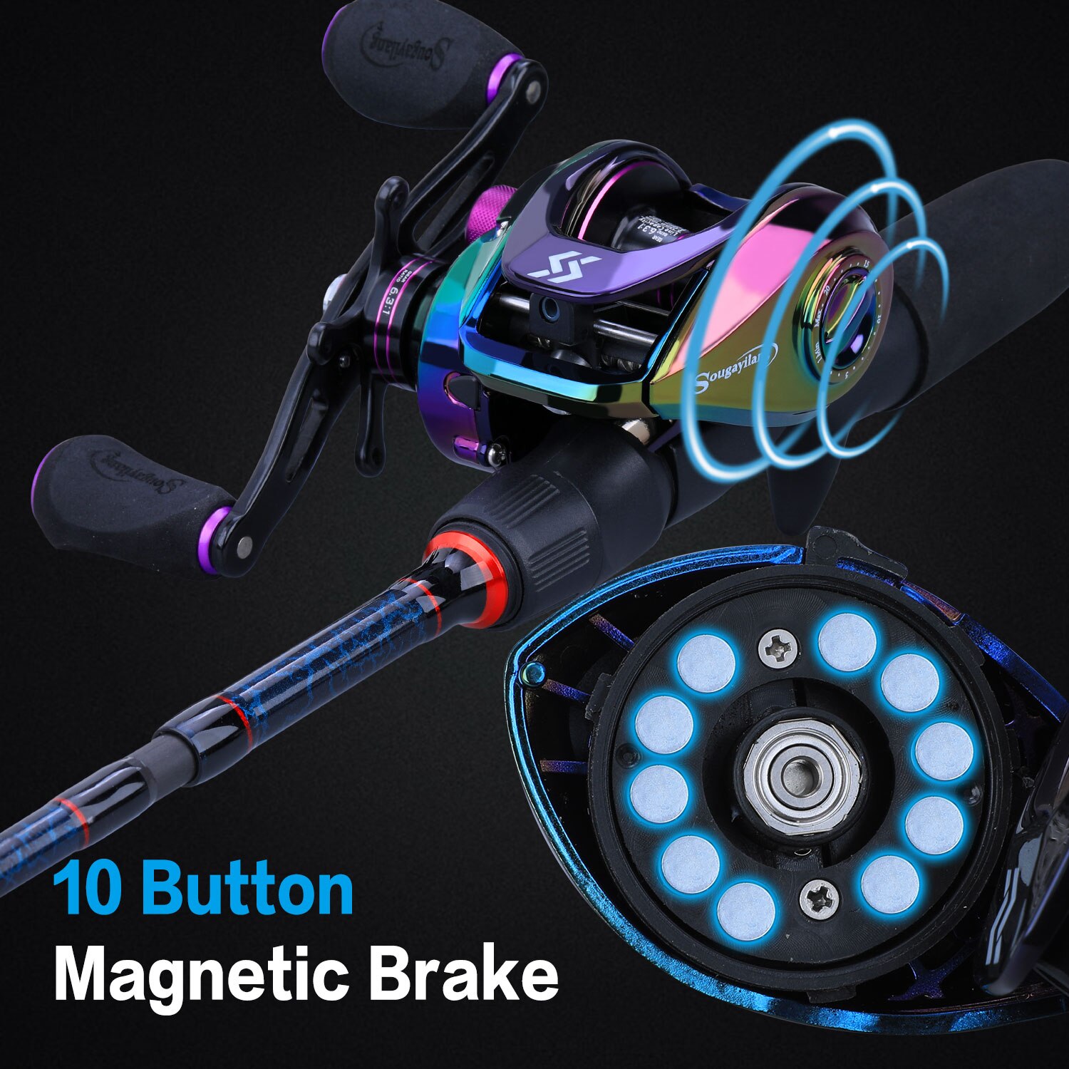 Barras y carretes de pesca Sougayilang, caña de carbono de 5 secciones, carrete de Baitcasting, conjunto de varillas de pesca de viaje con Kits completos, bolsa de transporte