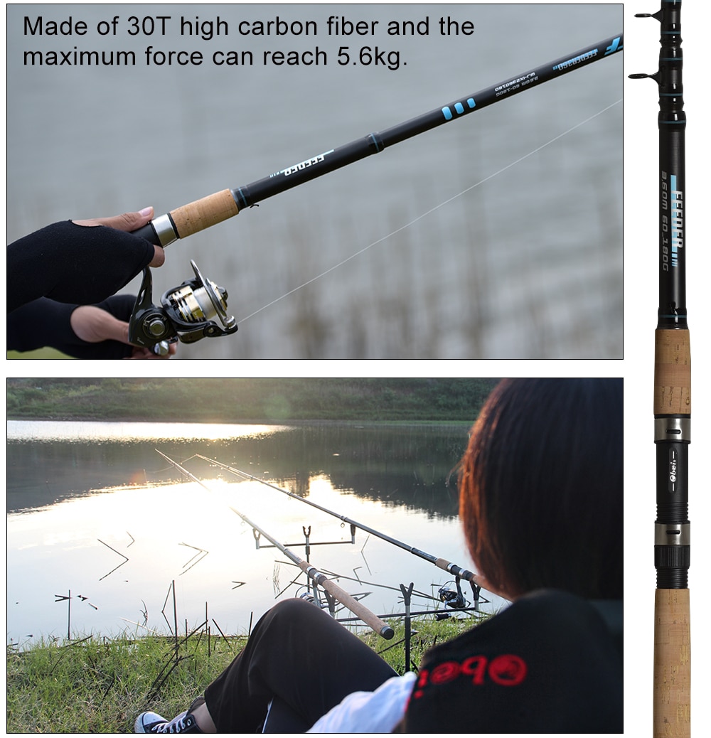 Alimentador de caña de pescar Obei, caña de pescar giratoria telescópica Rod3.0 3,3 3,6 m vara alimentador de carpa 60-180g polo